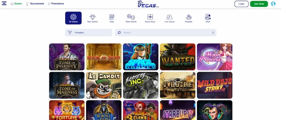 BluVegas Casino full game library overview showing slots, live casino, and table games