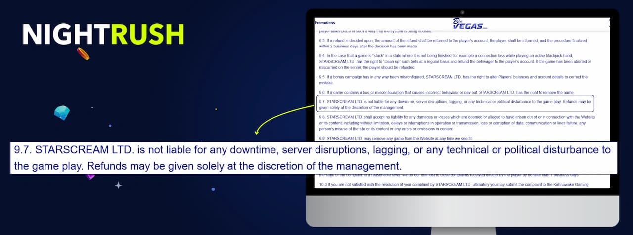 BluVegas Terms and Conditions page displayed on a monitor, with section 9.7 highlighted in a callout box