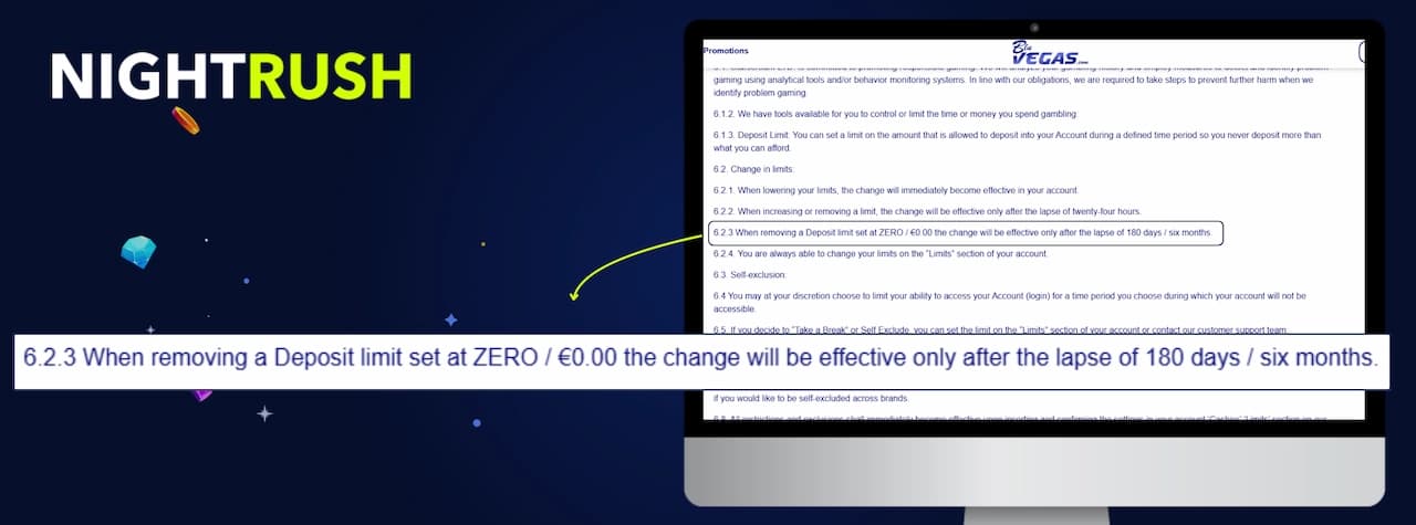 BluVegas Terms and Conditions page on a monitor with a callout box highlighting section 6.2.3