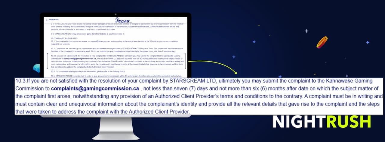 BluVegas Terms and Conditions page on a monitor with a callout box highlighting section 10.3