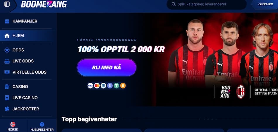 Forsiden til Boomerang-Bet casino med sportsbonus på 100 % opptil 2 000 kroner