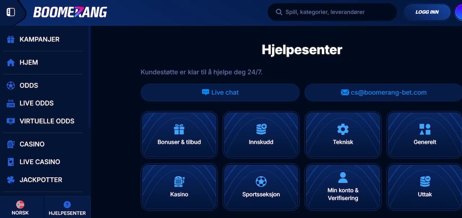 Boomerang-Bet hjelpesenter med oversikt over kontaktalternativer for kundeservice