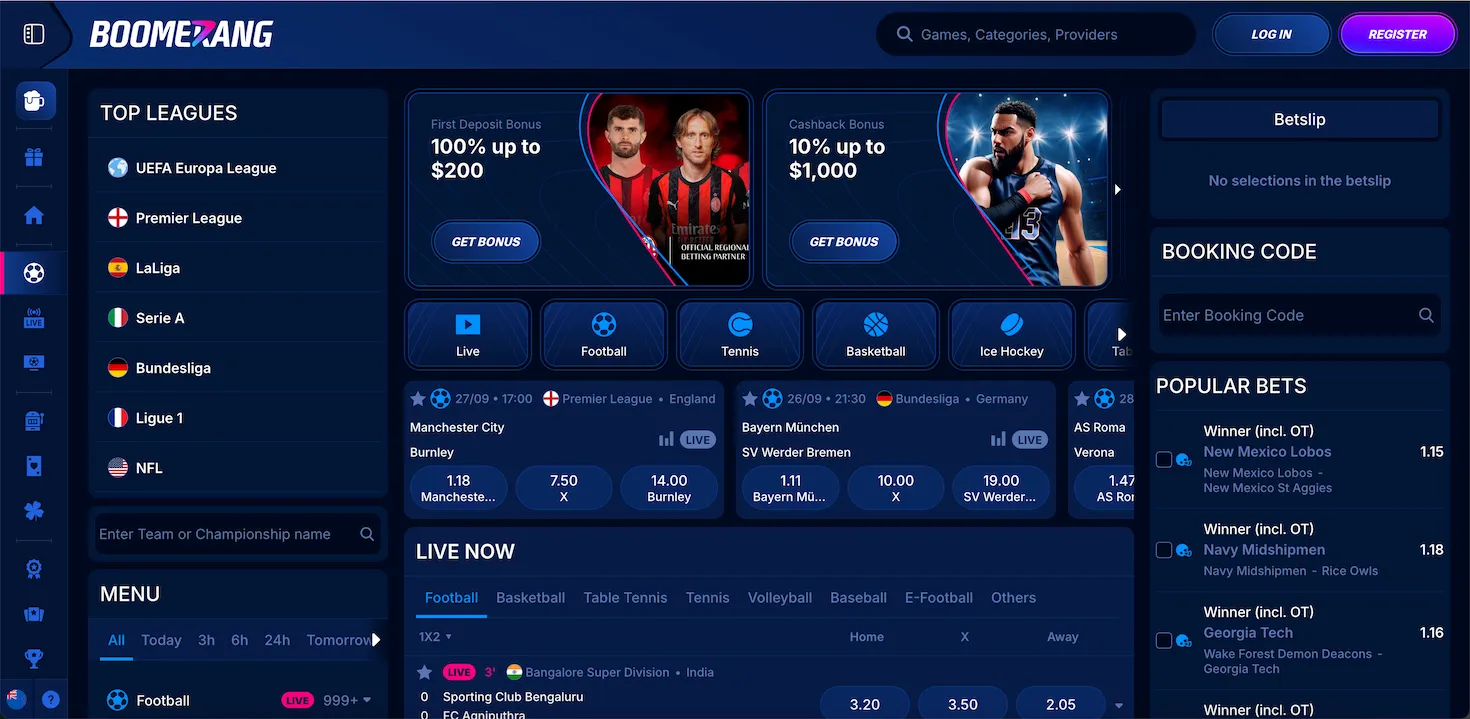 Boomerang-Bet sportsbook interface showing multiple betting markets