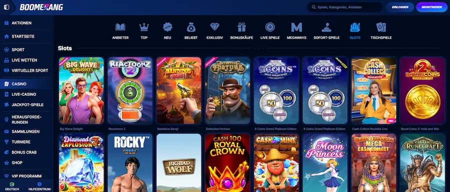Spielautomaten-Auswahl im Boomerang-Bet Casino
