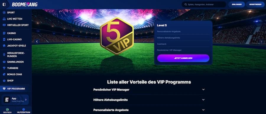 Boomerang-Bet VIP-Club mit Stufen und exklusiven Spielervorteilen