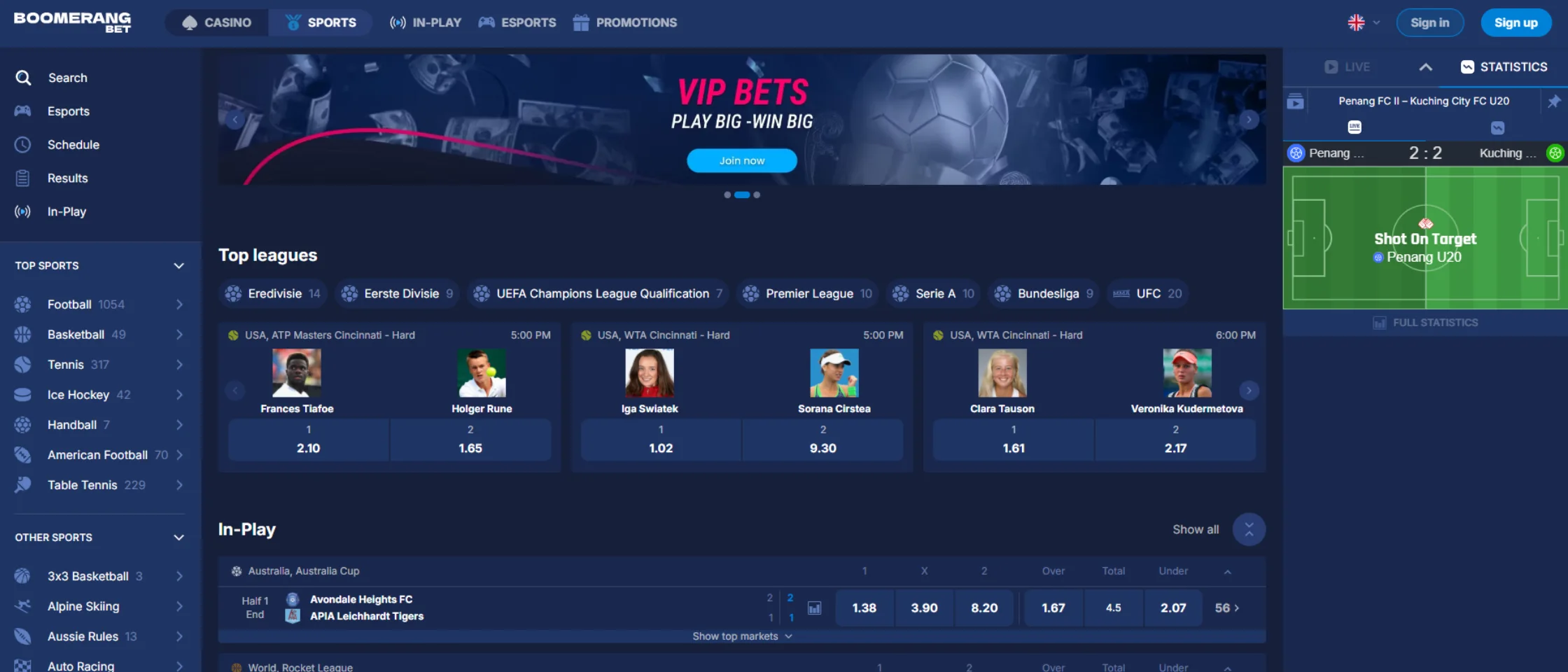 Boomerang.bet sportsbook interface showing live and pre-match betting markets