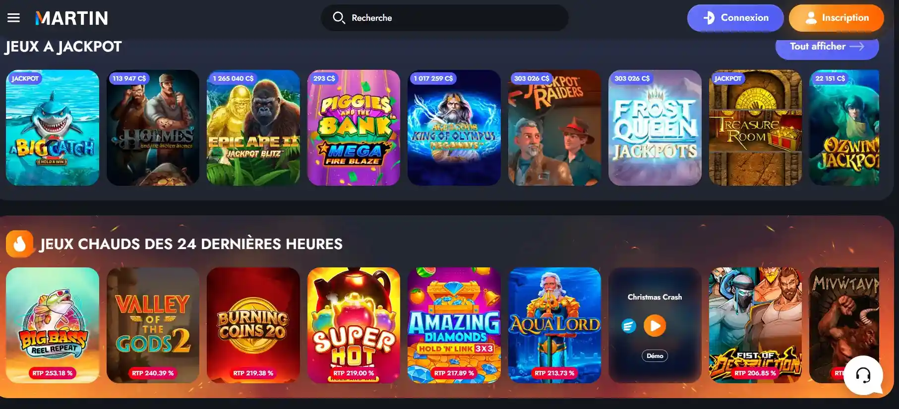 Sélection de jeux à jackpot disponibles sur Martin Casino