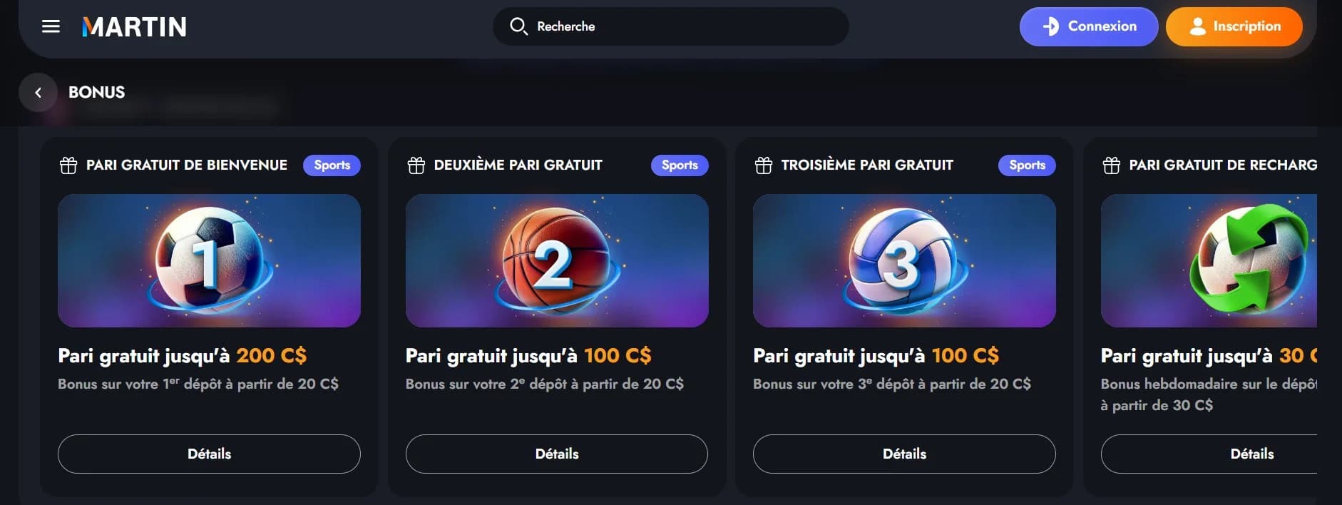 Offres de paris sportifs et paris gratuits disponibles sur Martin Casino