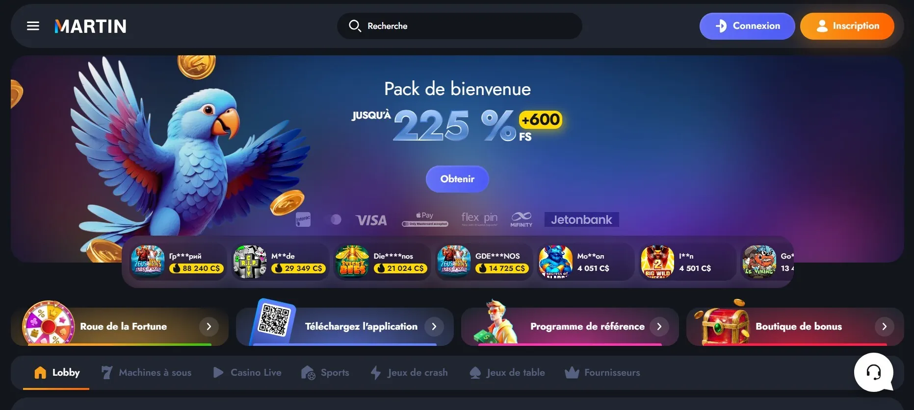 Page d'accueil de Martin Casino affichant l'offre de bienvenue et les catégories de jeux disponibles