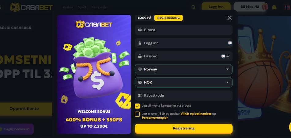 CasaBet sin hjemmeside med registreringsskjema og oversikt over velkomstbonusen