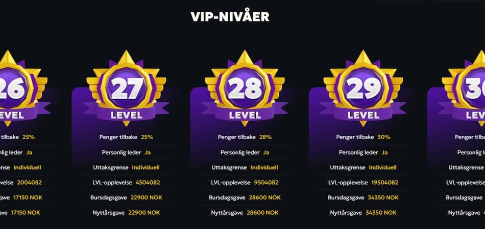 CasaBet sitt VIP-lojalitetsprogram med detaljert informasjon om nivåene 26 til 30