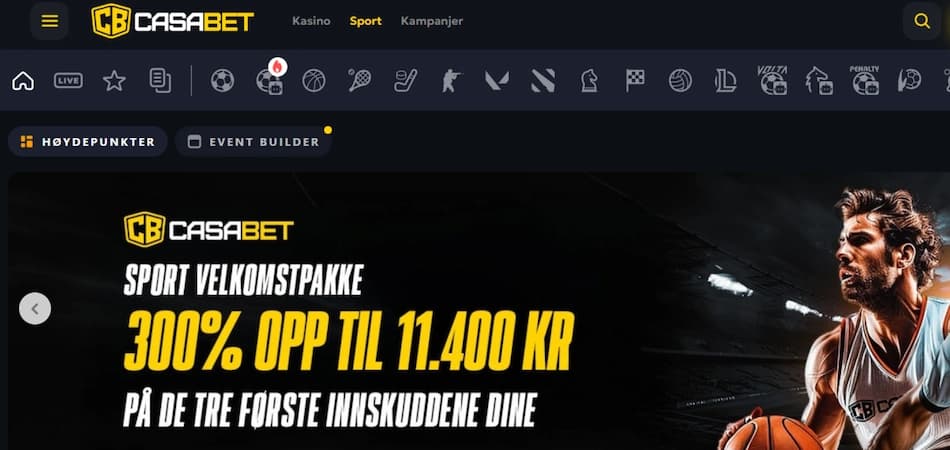 CasaBets sportsside med velkomstbonus på 300 % opptil 11 400 kr