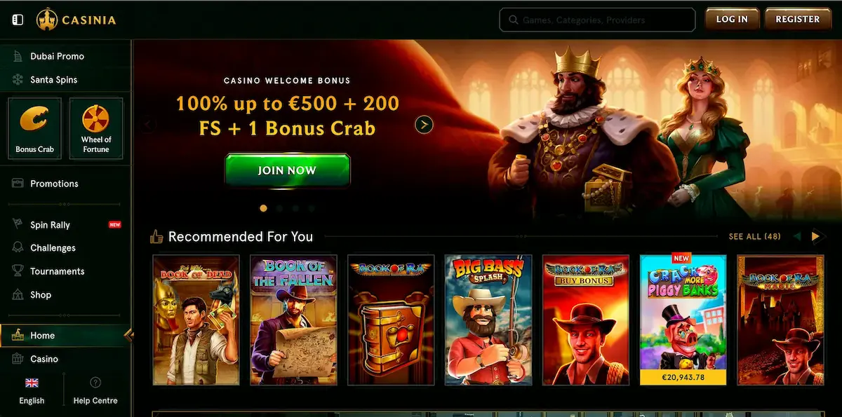 Casinia Casino official homepage displaying game lobby and promotions