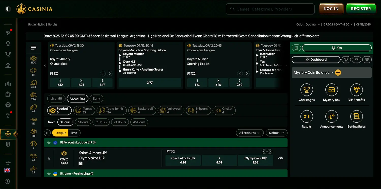 Casinia Casino sportsbook betting interface.