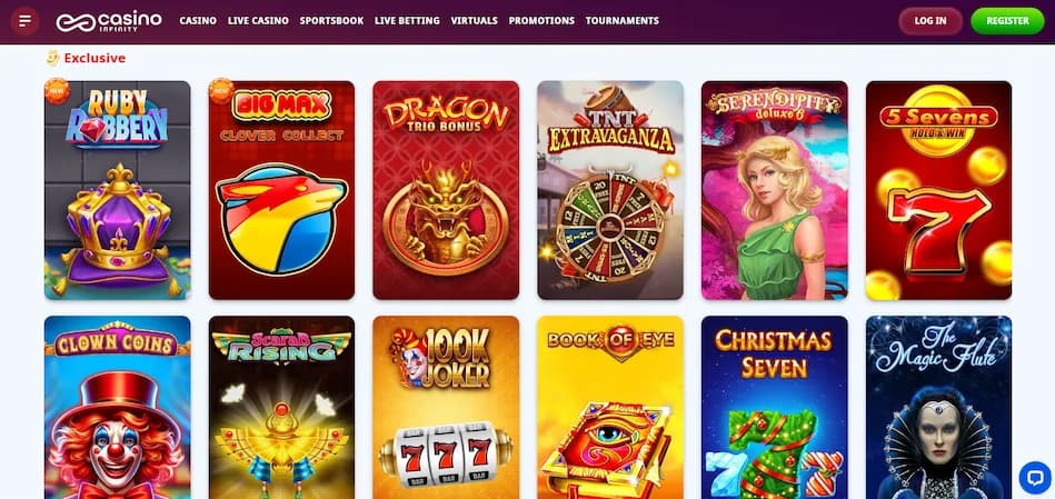 Casino Infinity exclusive game titles displayed in the lobby against a white background.