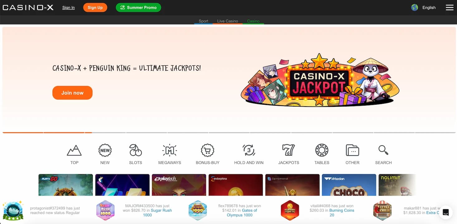 Casino-X official website homepage banner showing game lobby and promotions