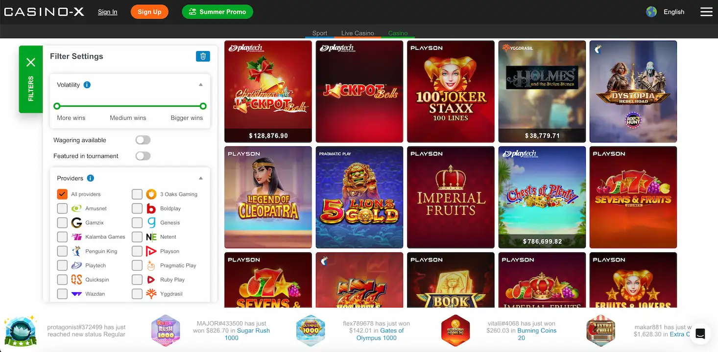 Casino-X game selection lobby banner showing multiple game categories.
