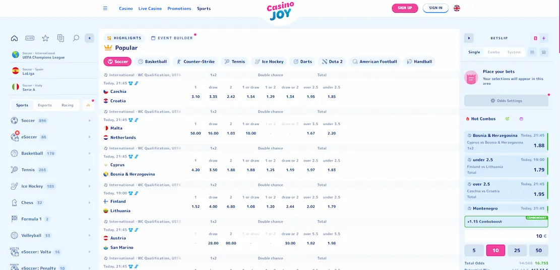 CasinoJoy full game library overview showing slots and live casino sections