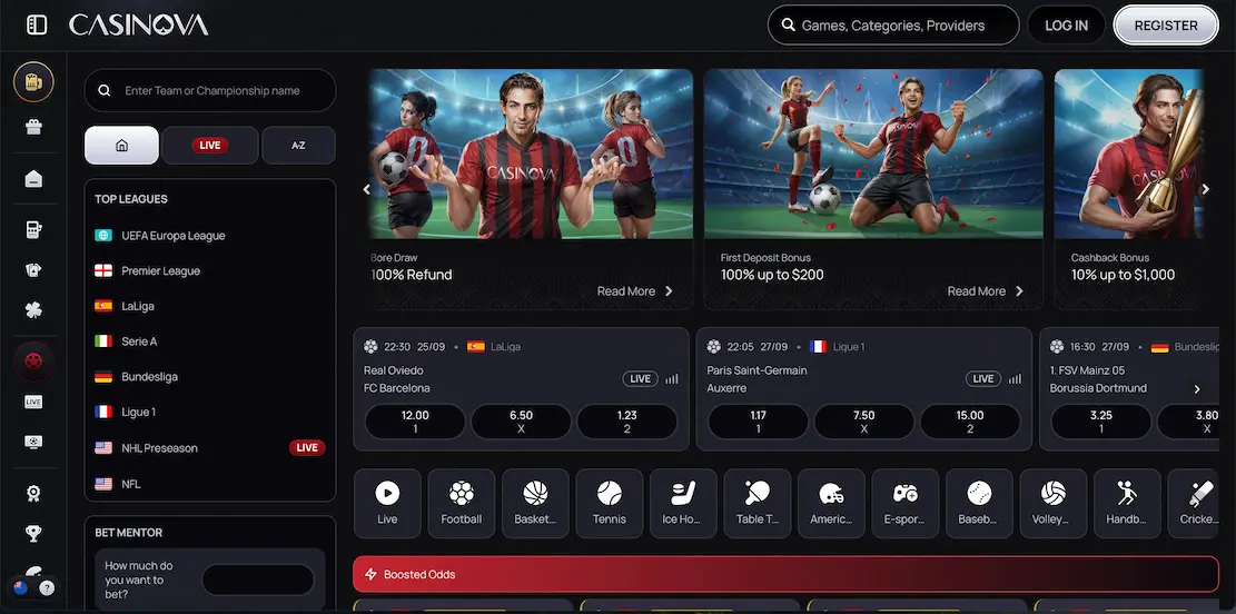 Casinova sportsbook betting options for New Zealand punters.