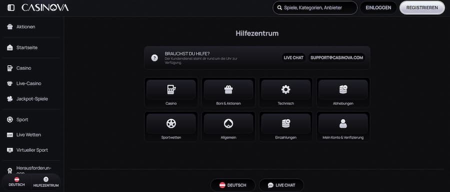 Casinova Kundensupport im Überblick.