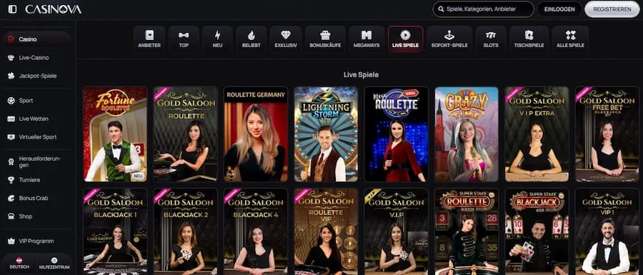 Live-Spiele-Bereich bei Casinova Casino.