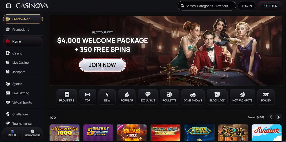 Casinova Casino official homepage banner for New Zealand players
