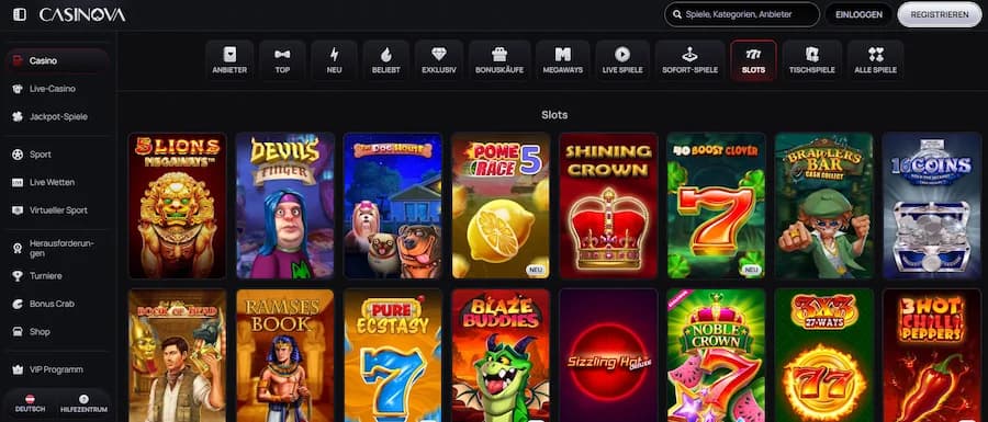 Übersicht der Spielautomaten bei Casinova Casino.