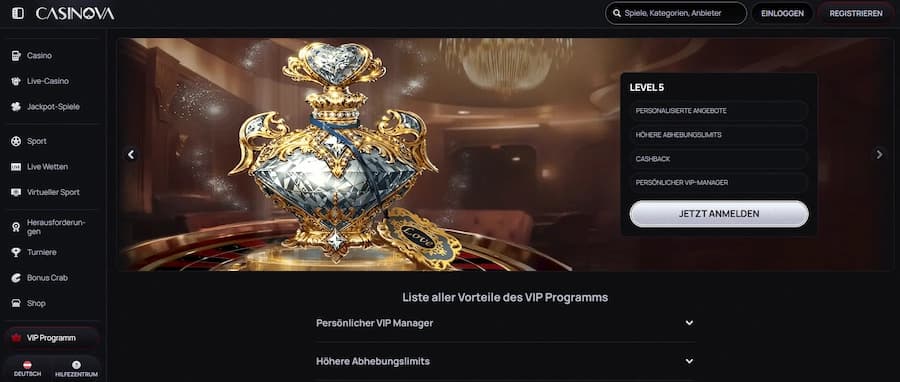 Casinova VIP-Programm mit fünf Stufen und exklusiven Cashback-Vorteilen