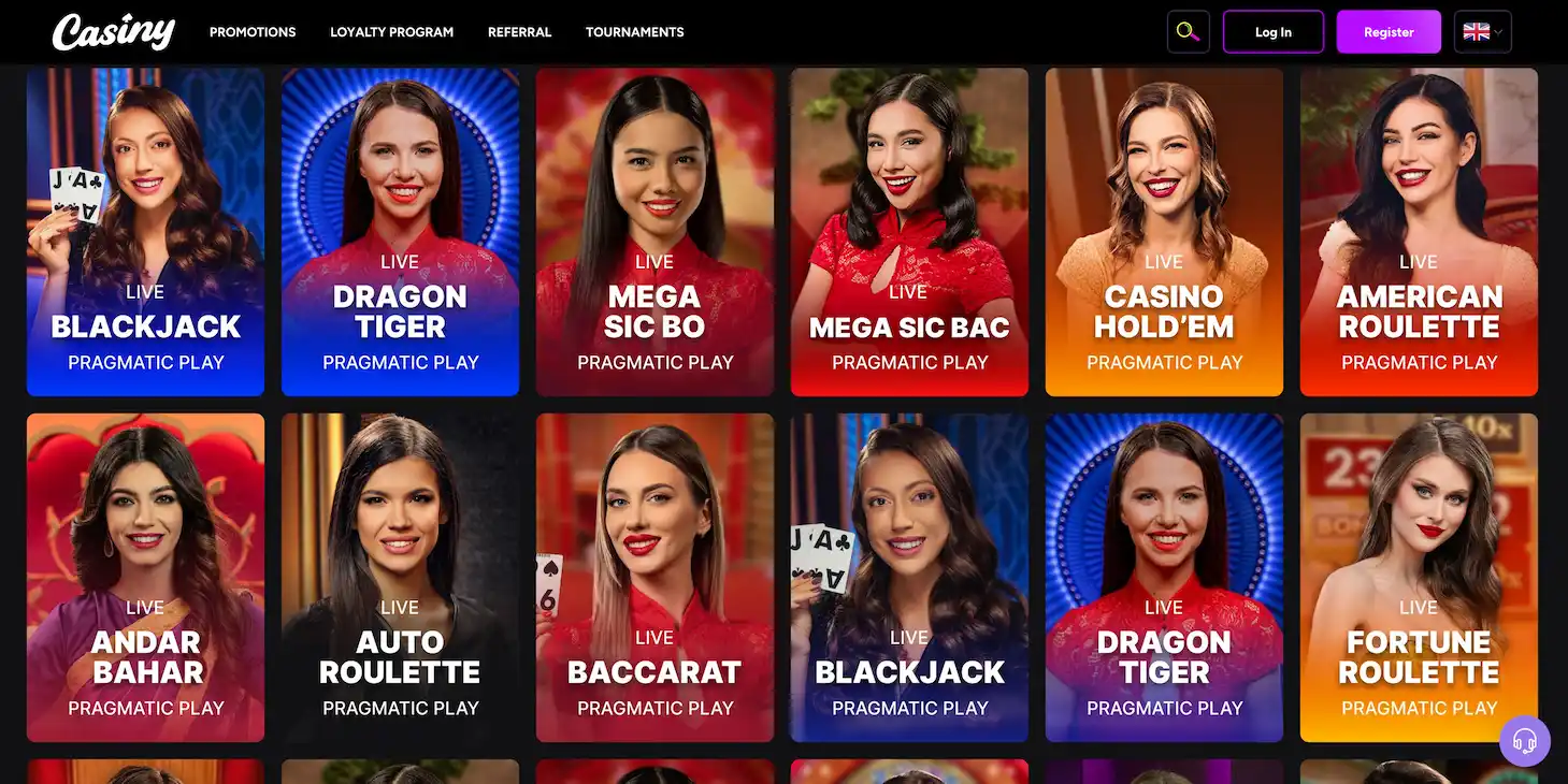 Casiny Casino live dealer games lobby screenshot for NZ players.