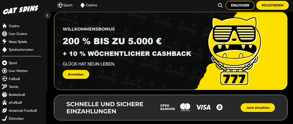 Cat Spins Startseite mit Willkommensbonus und Cashback-Angebot