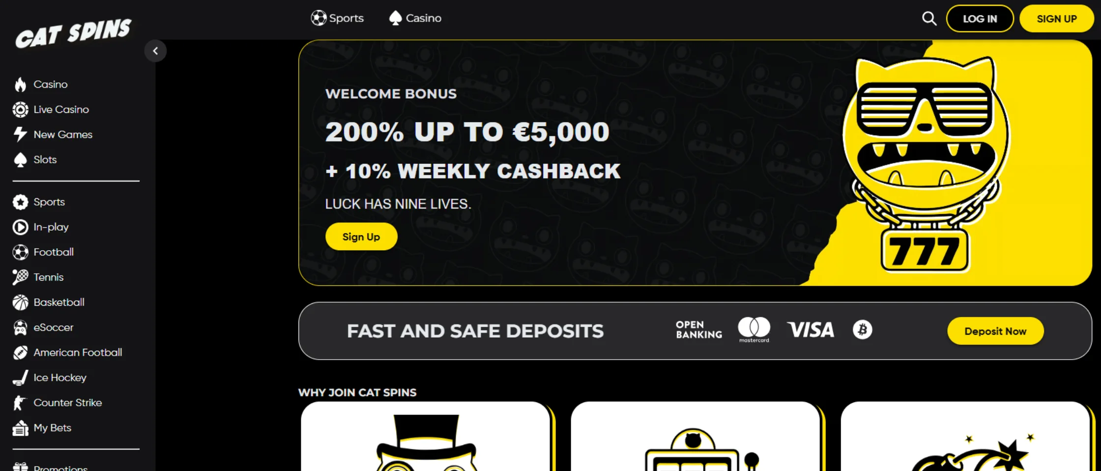 Cat Spins casino homepage showing the main lobby and navigation menu