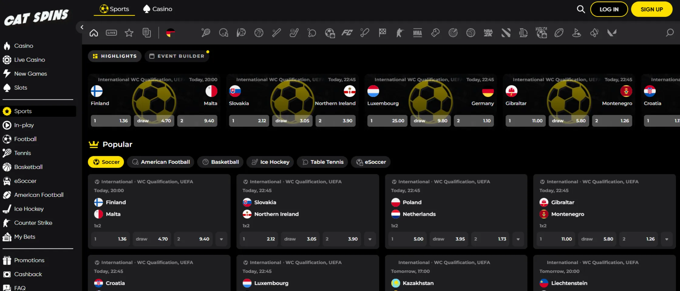 Cat Spins Casino sportsbook betting markets overview