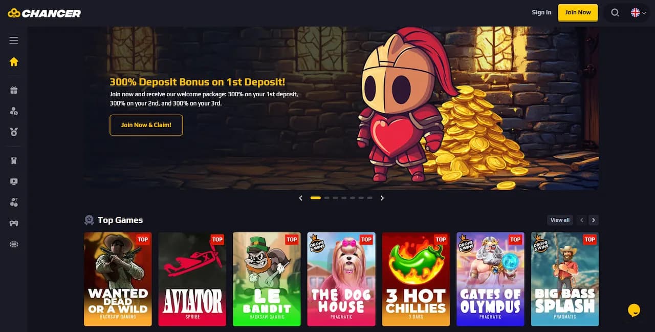 Chancer Casino homepage displaying a 300% deposit bonus offer alongside a cartoon knight mascot