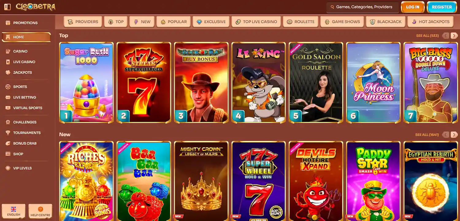 Cleobetra Casino lobby displaying featured slot games and navigation menu