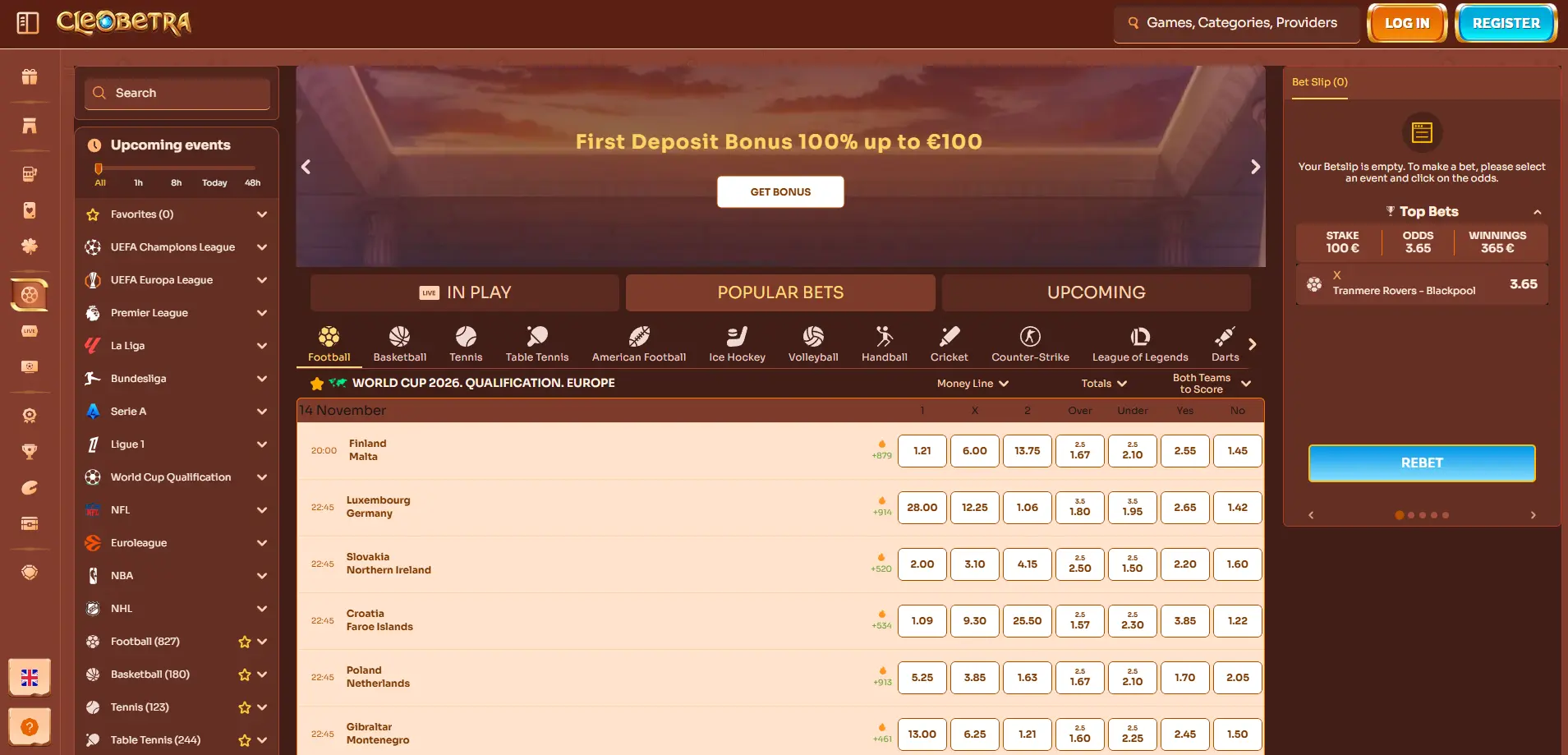 Cleobetra Casino sportsbook betting markets page