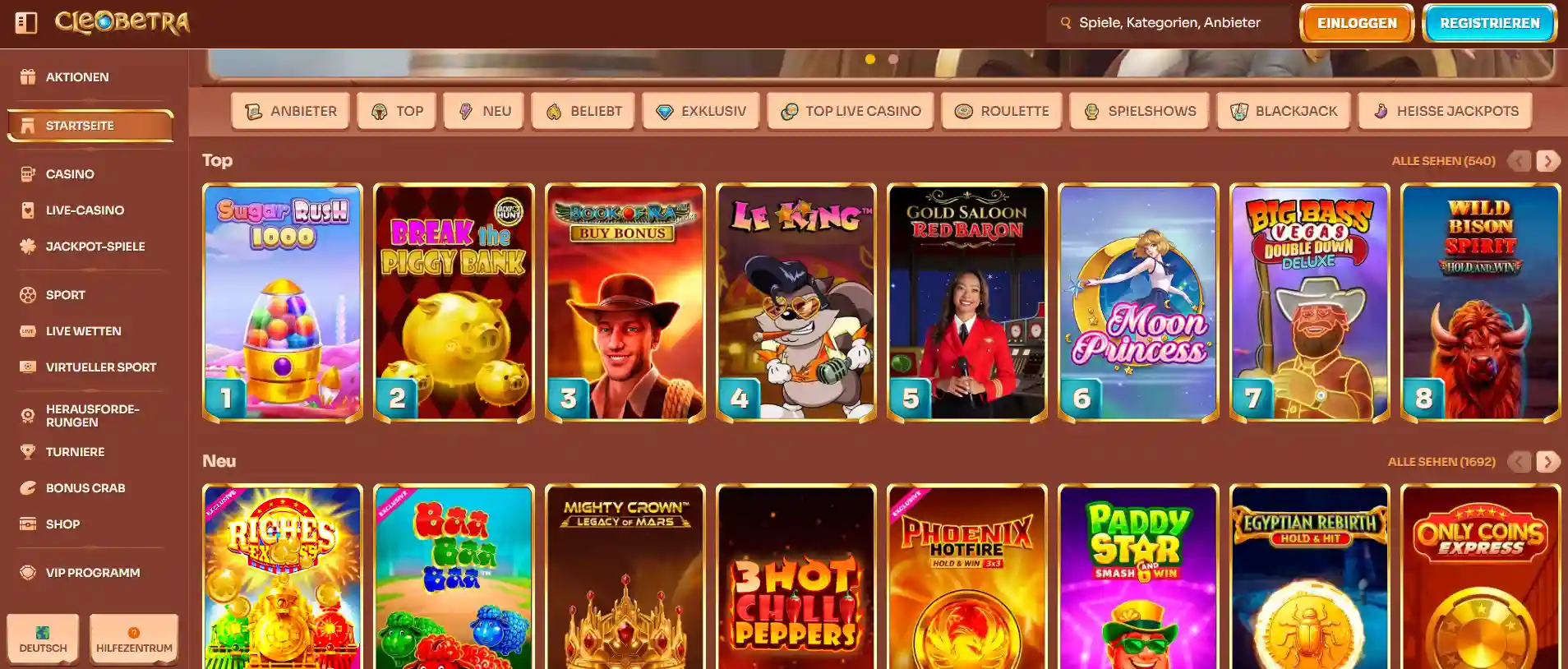 Cleobetra Casino Startseite mit Spielautomaten und Willkommensangebot