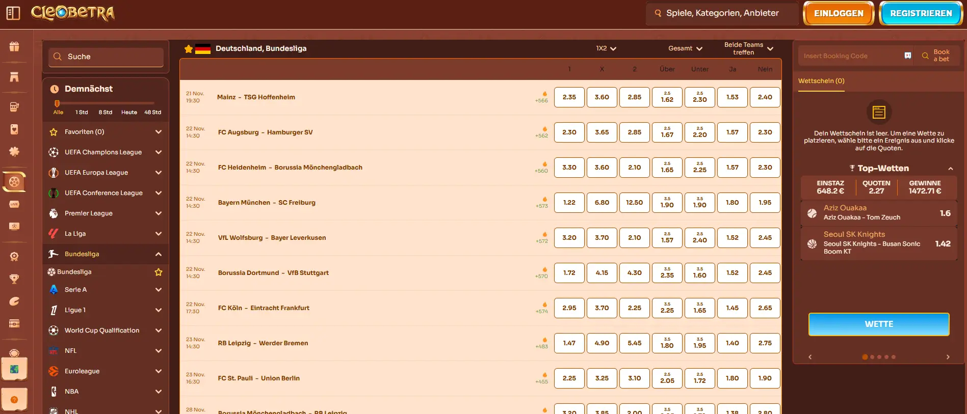 Cleobetra Casino Sportwetten-Bereich mit verschiedenen Sportarten