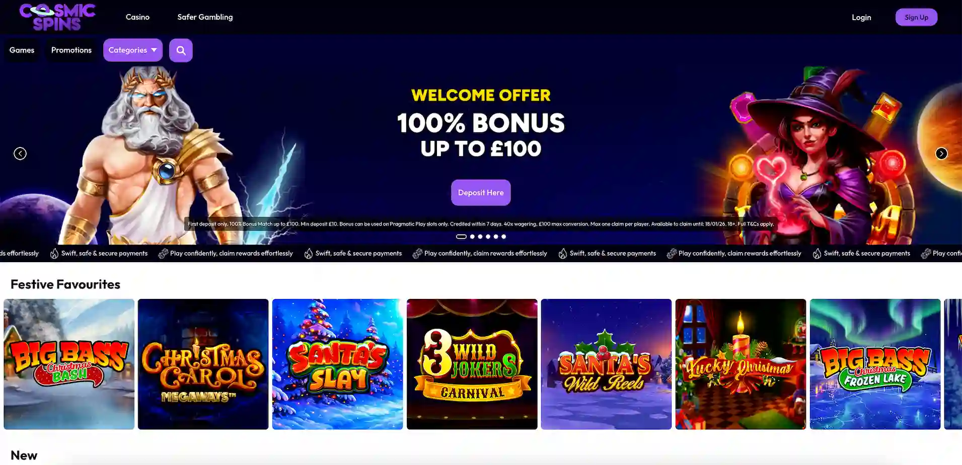 Cosmic Spins Casino official homepage banner showing game lobby and promotions