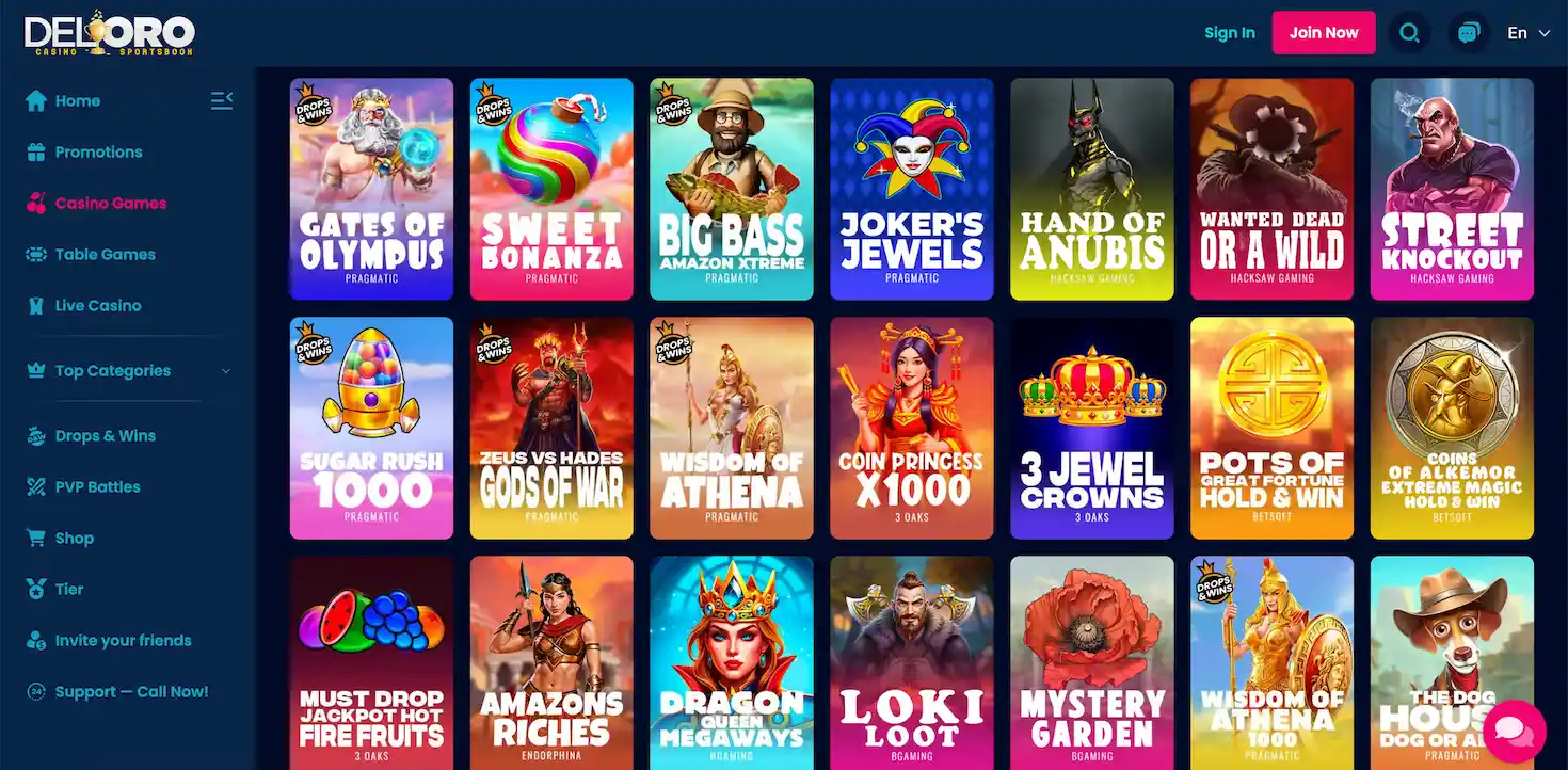 Del Oro casino game lobby displaying a grid of popular titles including Gates of Olympus