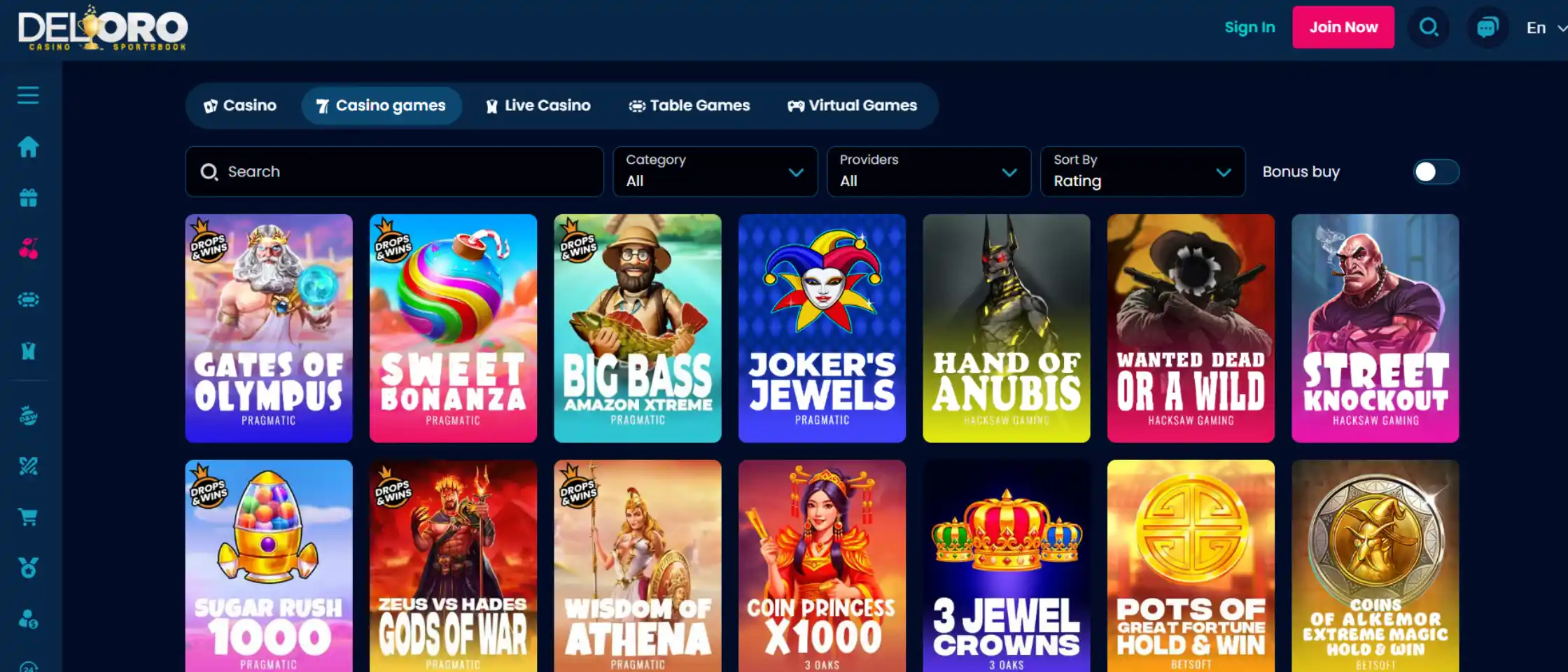 Del Oro Casino game lobby overview showing slots and live dealer options