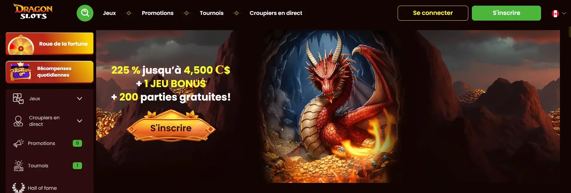 Page d'accueil de DragonSlots présentant les jeux vedettes et les promotions en cours