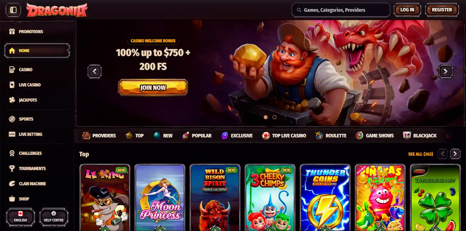 Dragonia Casino Canada homepage showing slots, live games, and sports betting options