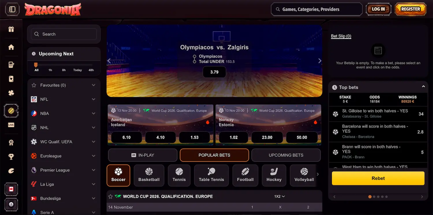 Dragonia Casino sportsbook betting section for Canadian players