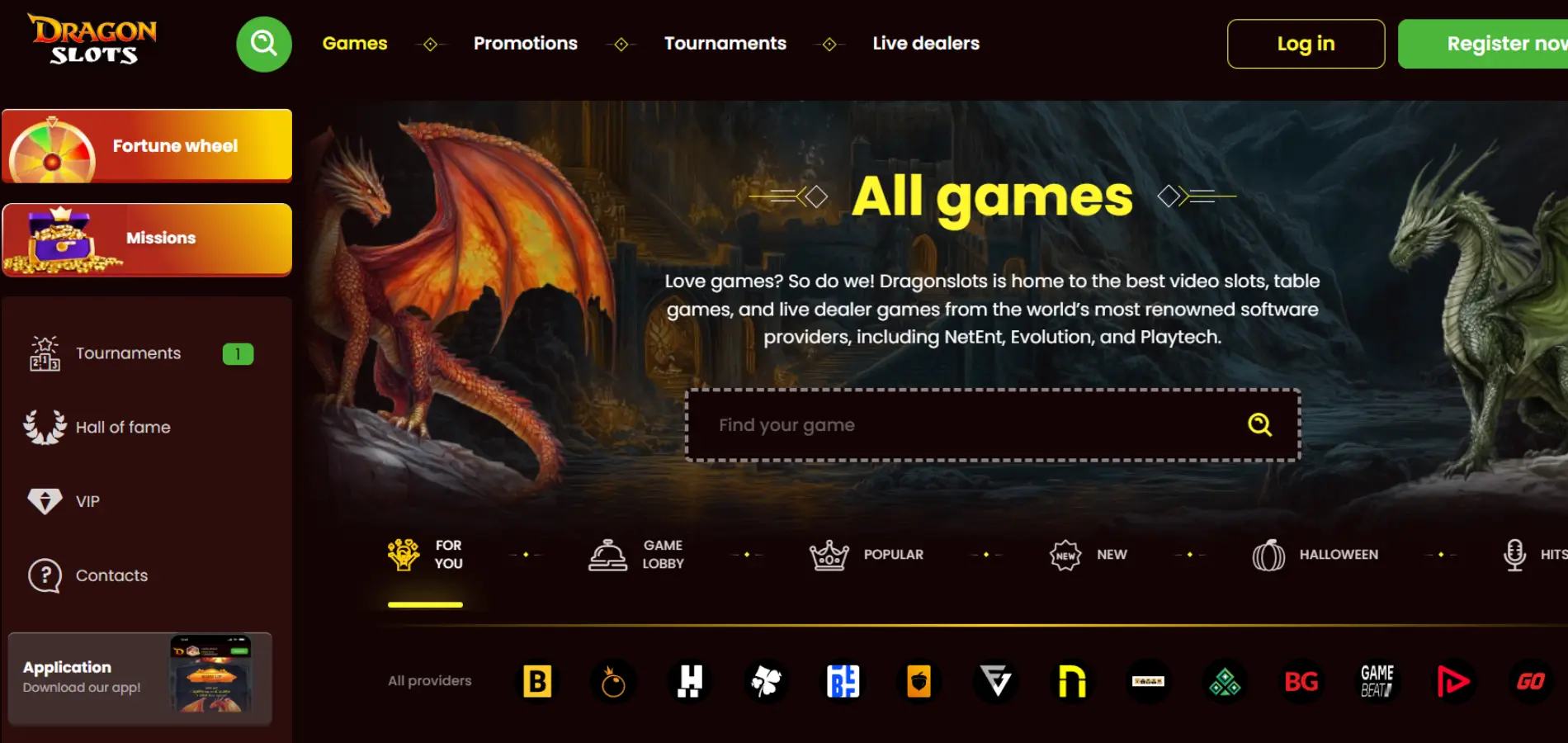 Oversikt over spillkategorier og meny på DragonSlots casino sin spillside