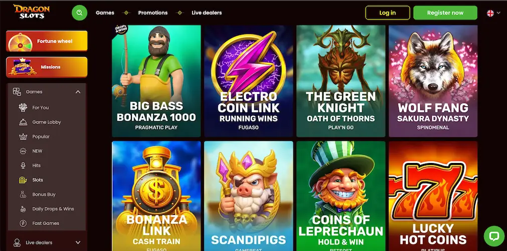 DragonSlots Casino full game selection displayed in the lobby.