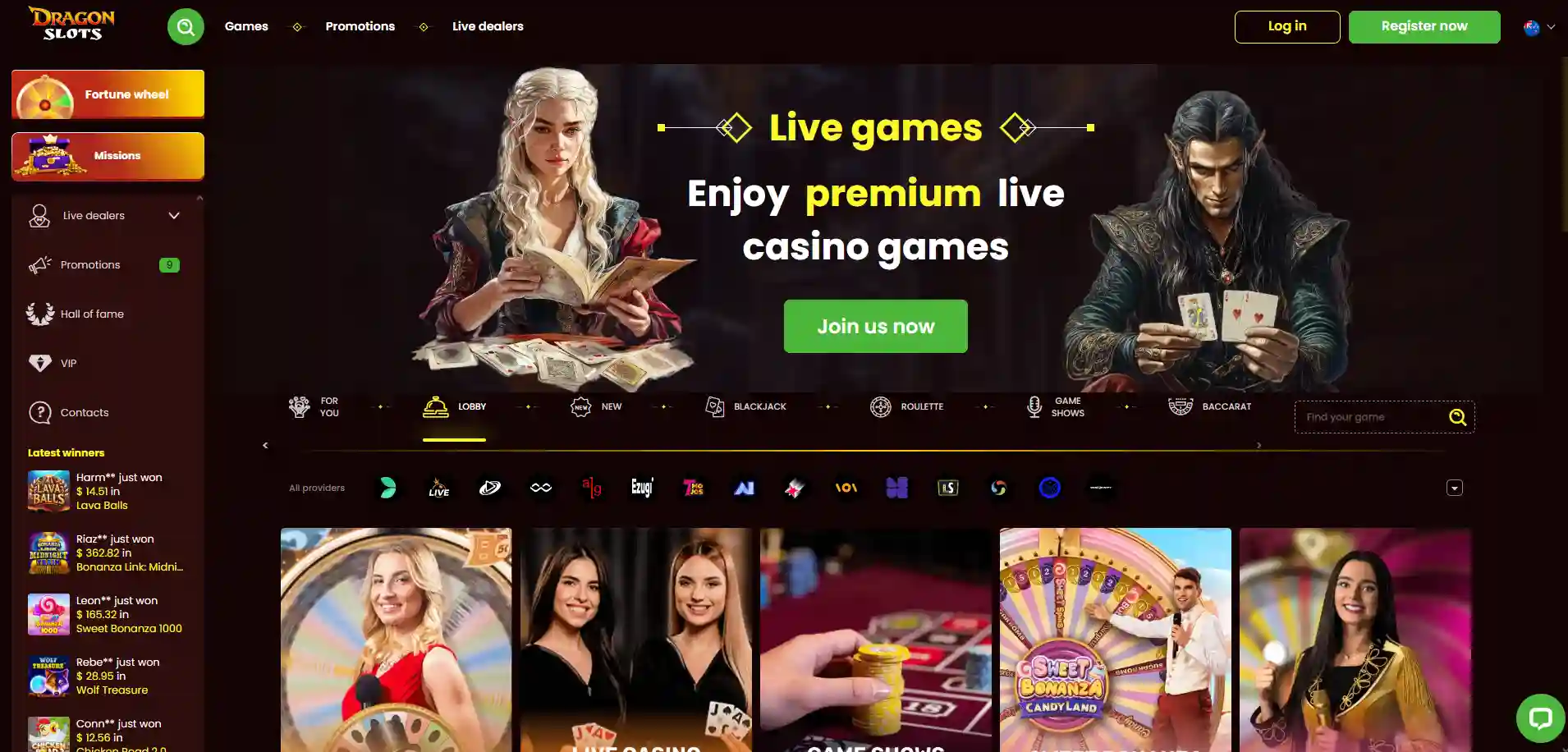 DragonSlots Casino live dealer games lobby showing roulette and blackjack tables