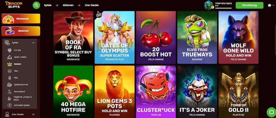 DragonSlots Casino Startseite mit einer Auswahl der besten Spielautomaten und Casino-Spiele.