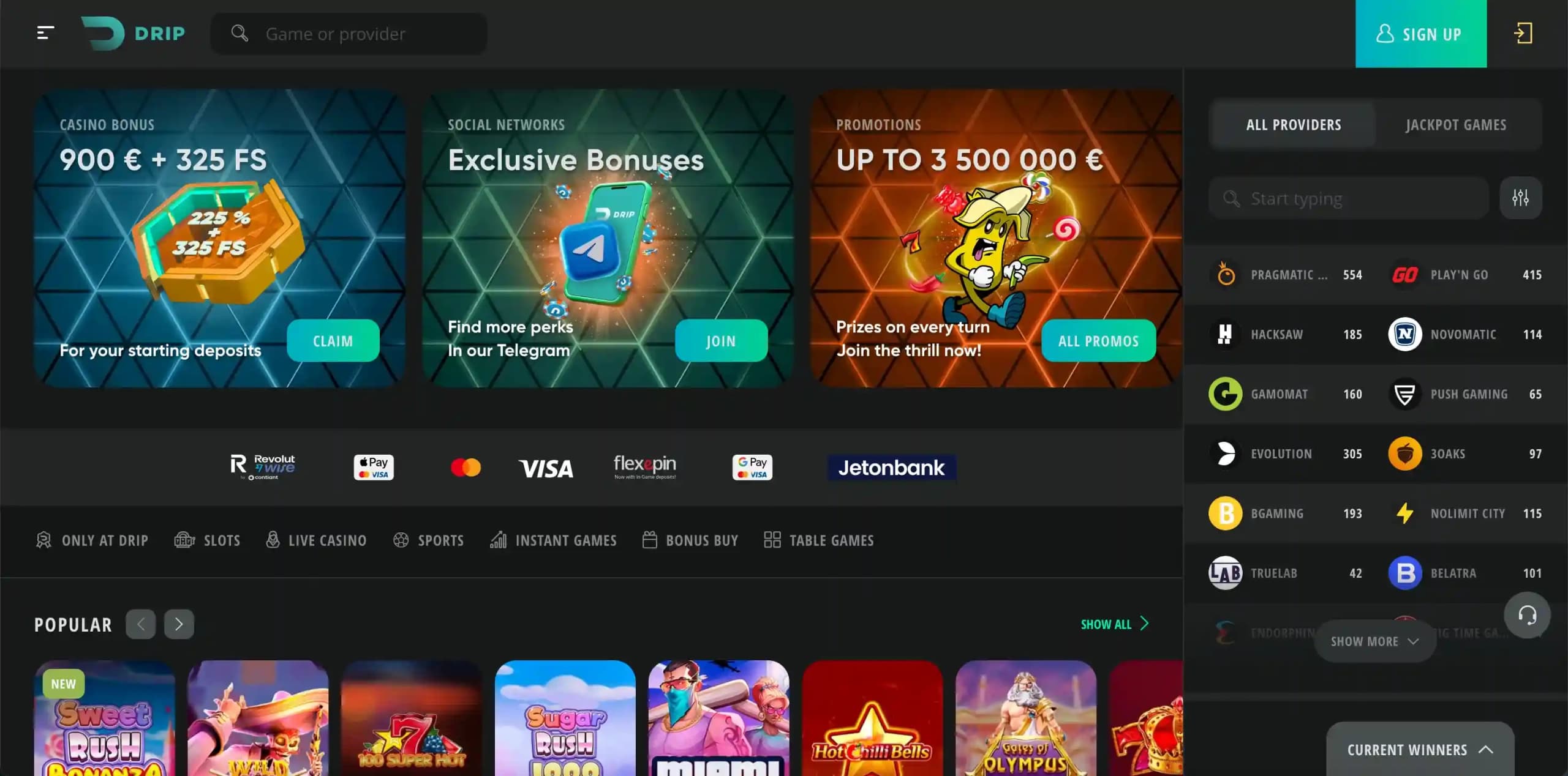 Drip Casino official homepage interface showing sports betting and casino gaming options
