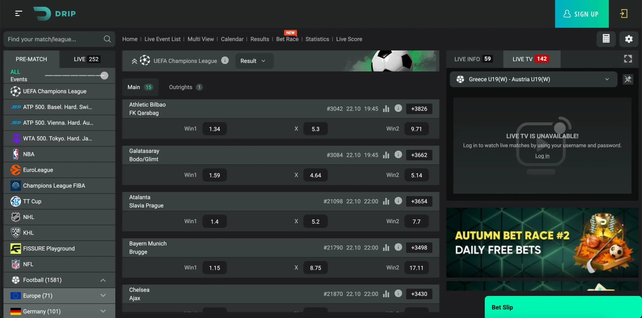 Drip Casino sportsbook betting interface.