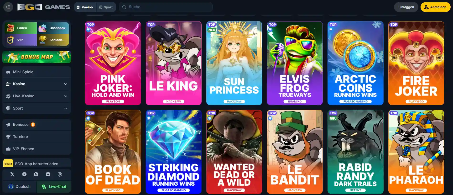 EgoGames Casino Startseite mit Spielautomaten und Bonusangeboten